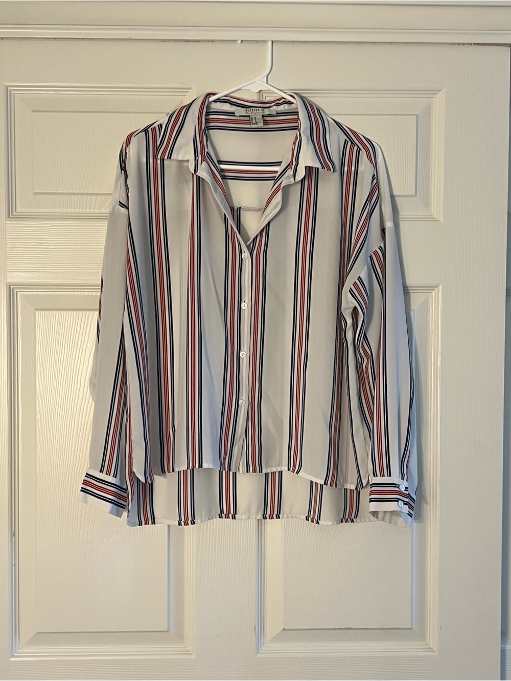 Forever 21 White Button-Down Shirt with Red & Navy Stripes